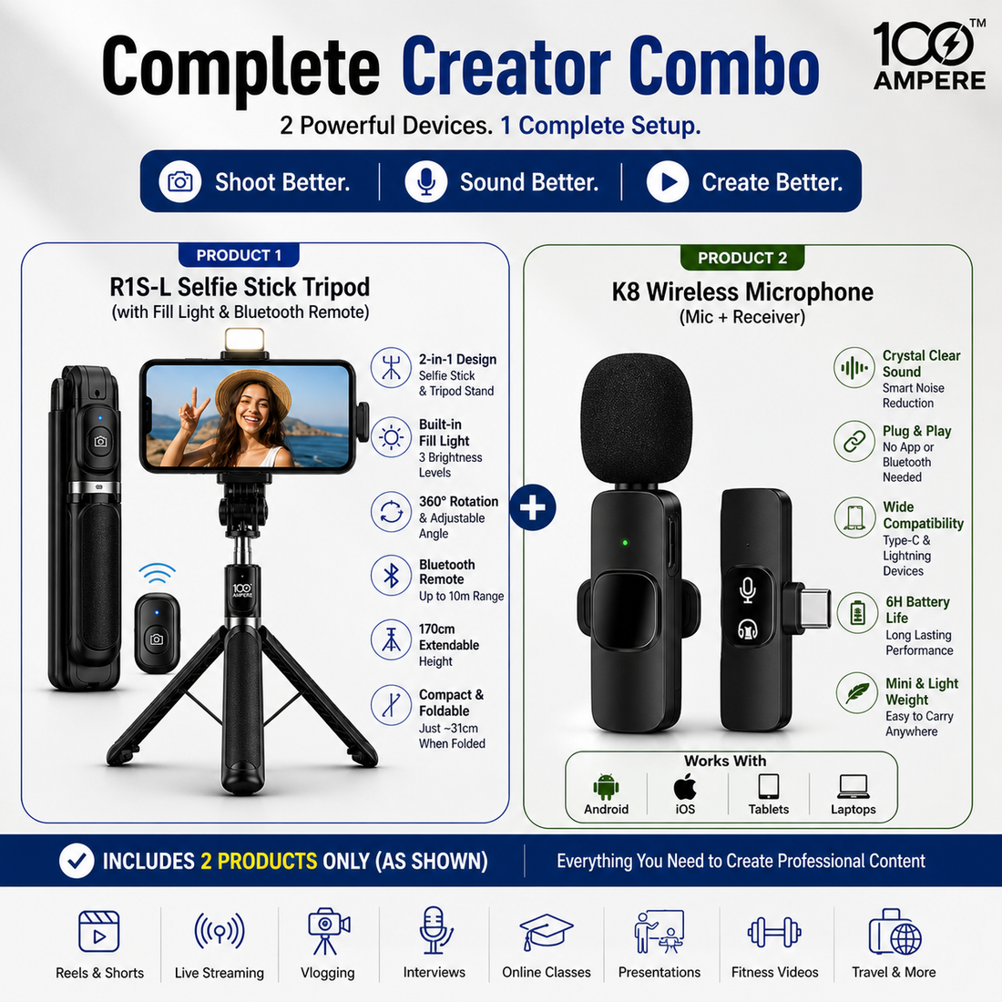 Content Creator Combo Kit - Selfie Tripod + Wireless Mic