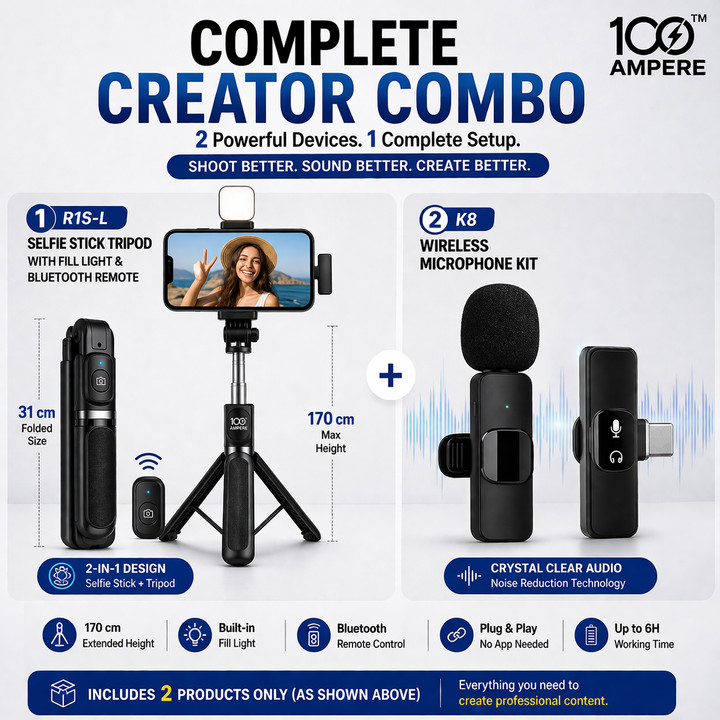 Content Creator Combo Kit - Selfie Tripod + Wireless Mic