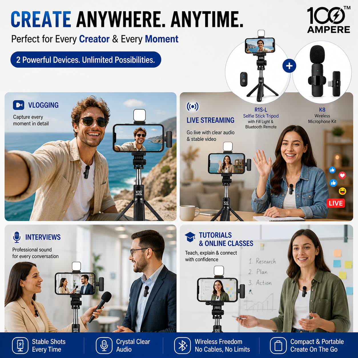 Content Creator Combo Kit - Selfie Tripod + Wireless Mic