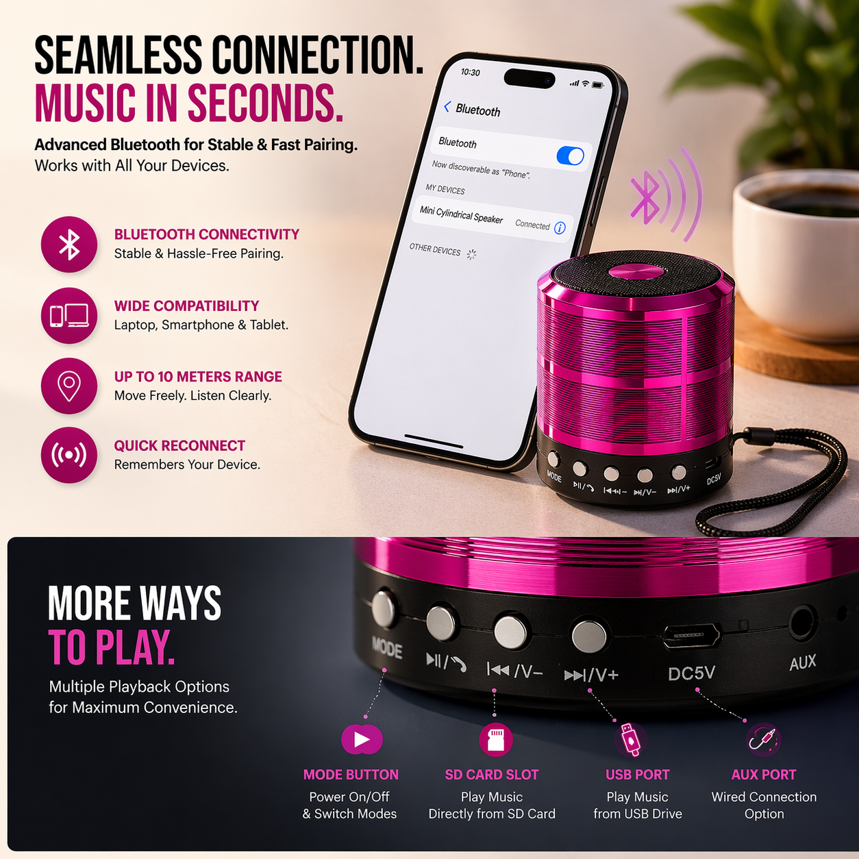 Mini Cylindrical Wireless Bluetooth Speaker