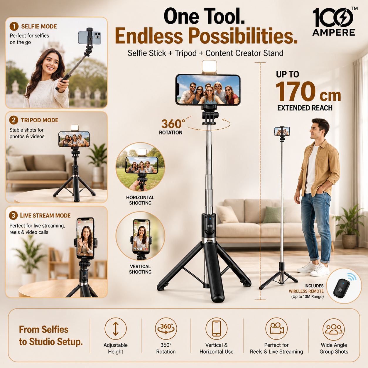 R1S-L Selfie Stick Tripod with Bluetooth Remote + Flashlight