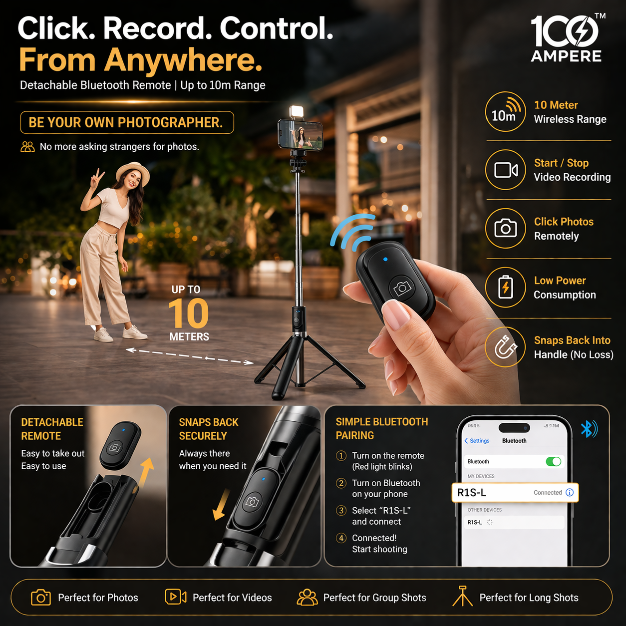 R1S-L Selfie Stick Tripod with Bluetooth Remote + Flashlight
