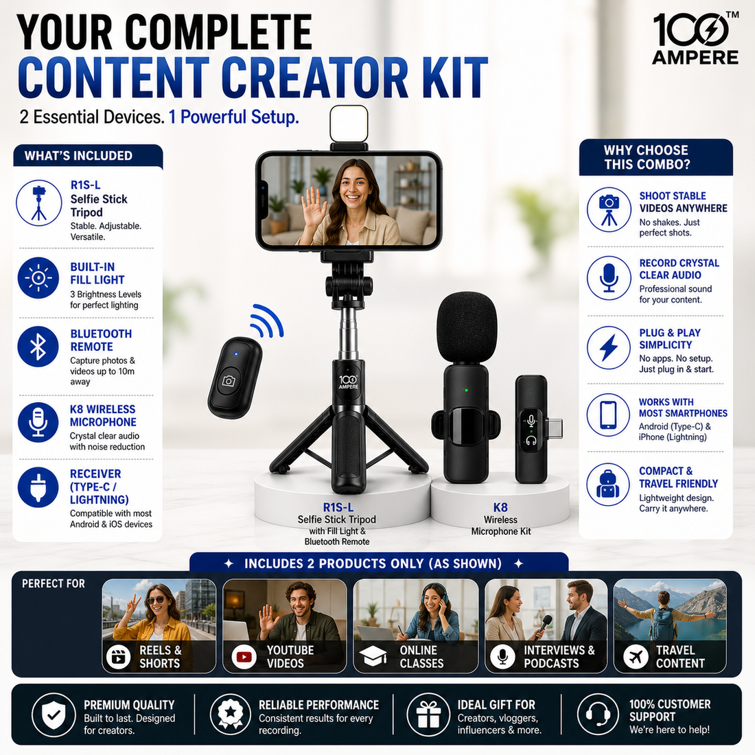 Content Creator Combo Kit - Selfie Tripod + Wireless Mic