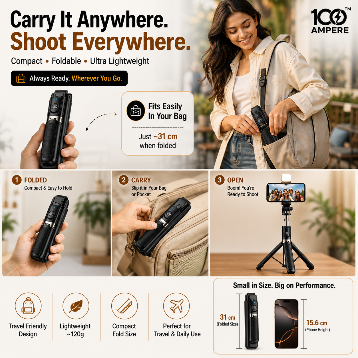 R1S-L Selfie Stick Tripod with Bluetooth Remote + Flashlight