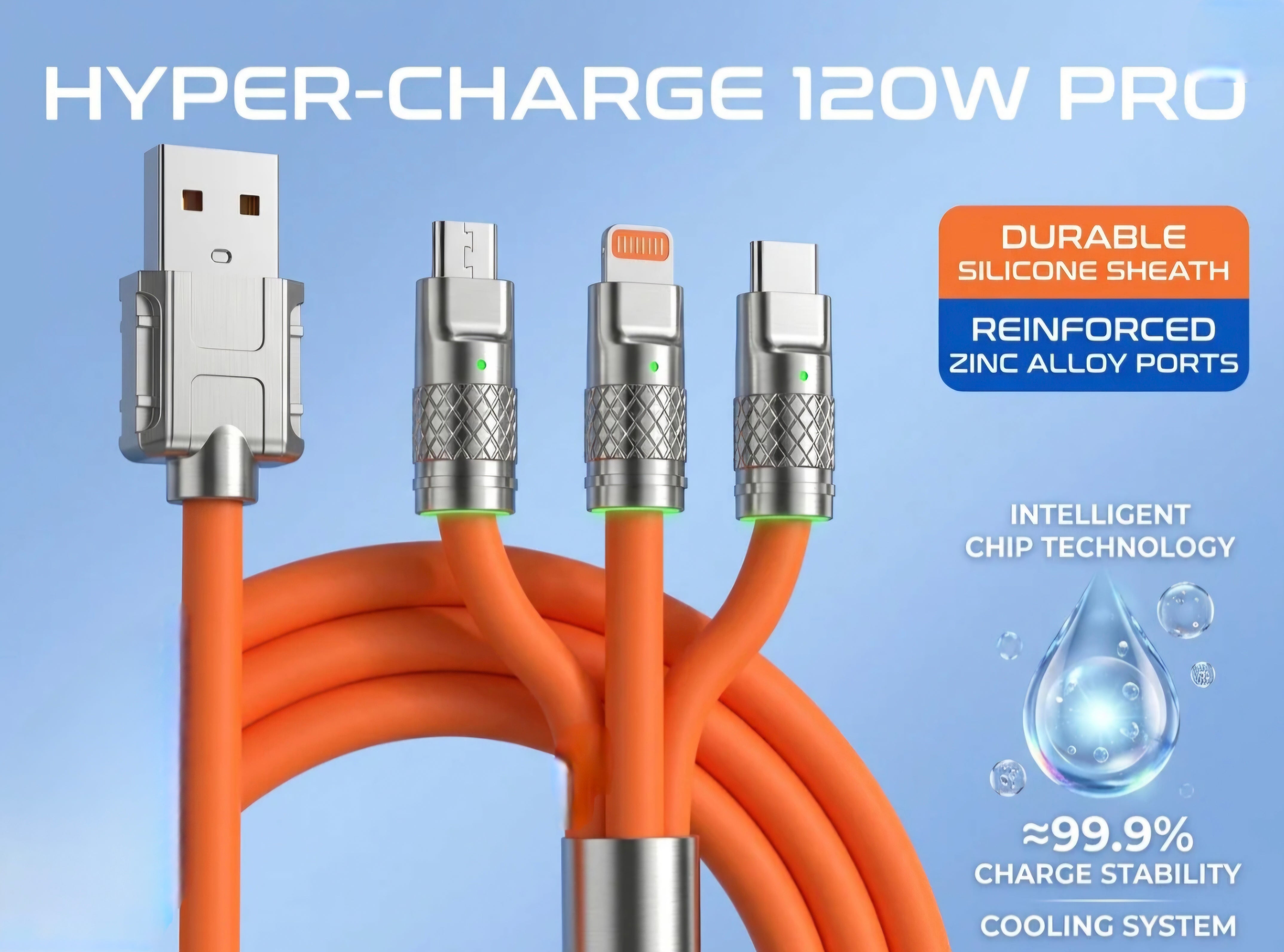 120W 3 in 1 Orange silicone cable
