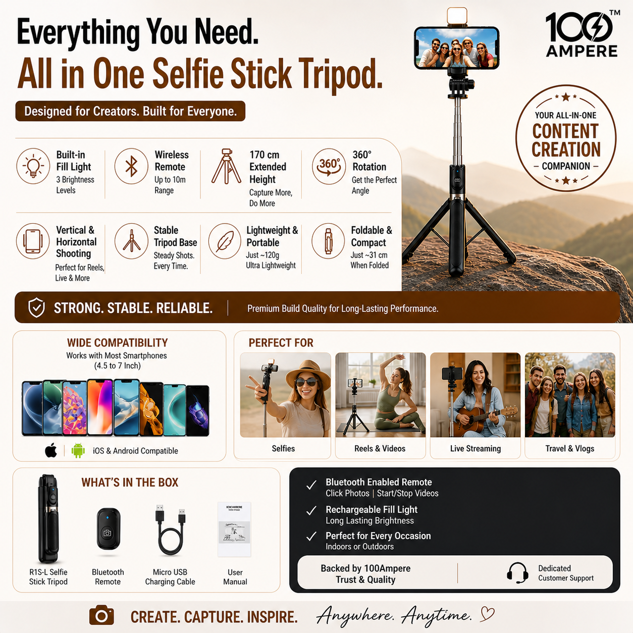 R1S-L Selfie Stick Tripod with Bluetooth Remote + Flashlight