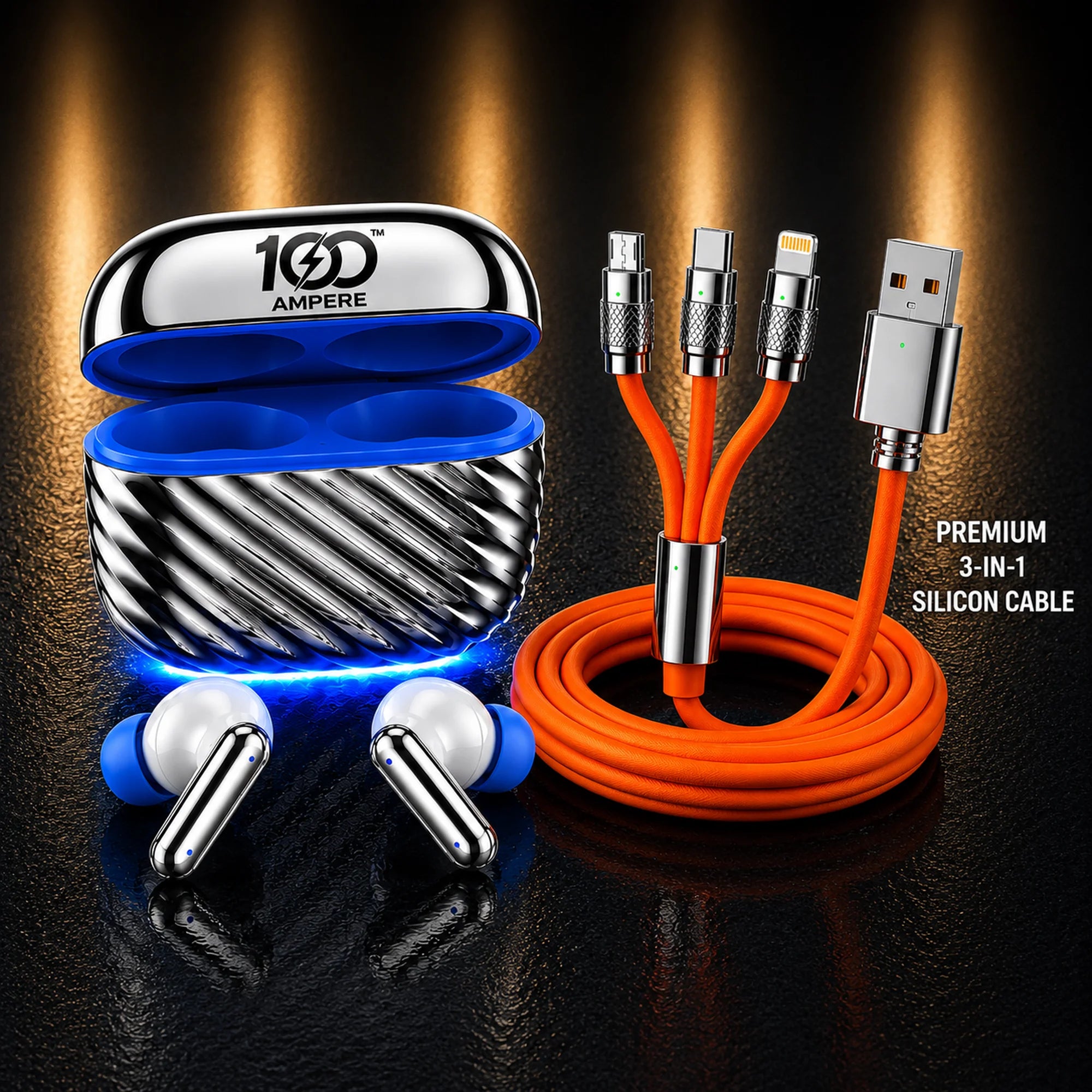 Shine101 Silver Chrome with 3-in-1 Silicone Charging Cable